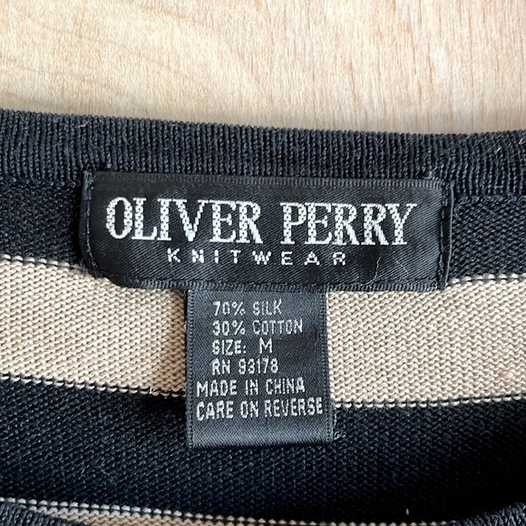 OLIVER PERRY Black White Tan Striped Silk Cotton Knit Top Women's Medium - Picture 4 of 11